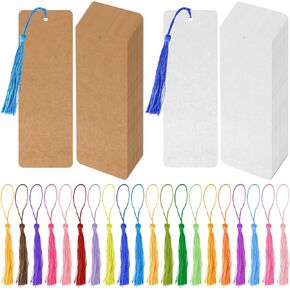 MIDELONG 40 Pcs Kraft Paper Blank Bookmarks with 40 Pcs Colorful Tassels DIY Craft Blank Cardstock Bookmarks for DIY Art Projects, School Supply, Gifts Tags 5.5x2 inch