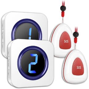 Wireless Caregiver Pager Call Button Nurse Call System 900Ft with LED Number Display for Elderly/Patient/Disabled at Home/Hospital/Clinic doorbell(2 SOS Waterproof Call Button & 2 Receiver)
