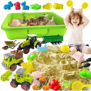 Farm Sensory Bin with 2.2lbs Play Sand for Toddlers 3-5+, Tractors Playset, Farm Animals, Barn Accessories and Sand Castle Building Kit, Sandbox with Lid for Kids Ages 4-8