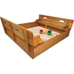 Beipoo Kids Wooden Sandbox with Cover, Large Wood Sandbox with 2 Foldable Bench Seats, Outdoor Kid Sand Pit for Backyard, Bottom Liner Included