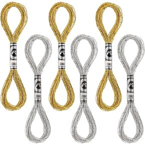 6 Skeins Glitter Silver & Gold Embroidery Thread Set, Metallic Embroidery Floss, Embroidery Floss Set, Gold Thread for Crafts, Polyester Sewing Embroidery Floss Cross Stitch Thread Bracelets Threads