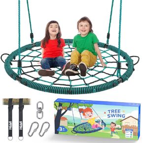 Hapfan 40 '' Spider Web Tree Swing ، 750 رطلاً صحنًا في الهواء الطلق صافي الأرجوحة مع دوار و 9.8 قدمًا معلقًا الأشرطة ، وملحقات مجموعة الأرجوحة في الفناء الخلفي (الأخضر)