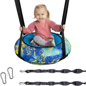 AIR Swing Round Inflatable Saucer Tree Swing - Heavy-Duty & Safe, Adjustable Indoor & Outdoor Swing for Kids 3+, for Any Jungle Gym Playground or Treehouse, 26" Blue/Yellow