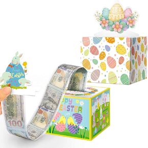 Jaywayang 2PCS Easter Surprise Money Box for Gift, Happy Easter Money Gift Box with Card and Cash Holder for Kids Adults, DIY Fun Holiday Cash Box, Includes 100Pcs Transparent Bags.