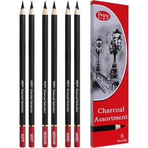 Pepy Charcoal Assorted Set of 6 Pencils: 2 Each Hard, Medium, Soft Pencils