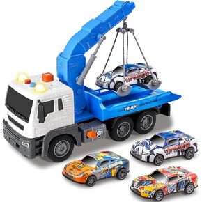 Tow Truck Toy with Hook and 3pcs Pull-Back Race Car，Friction Powered Toy Tow Truck,Tow Truck with Light&Sounds, Toy Trucks for Boys Age 4-7,Construction Toy Truck