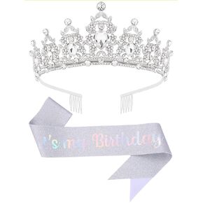 Birthday Tiara and Crown with Sash for Women Birthday Party - Silver