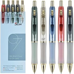SUIN Gel Pens, Premium 0.7mm Black Ink, Retractable Rolling-Ball Gel-Pens, Refillable Medium Fine Point for Smooth Writing - Pack of 5
