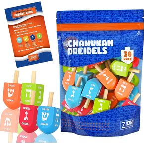 Zion Judaica Colored Wood Dreidels متوسطة الحجم في حزمة كبيرة في حقيبة Ziplock 30 و 100 حزمة متوفرة (30)