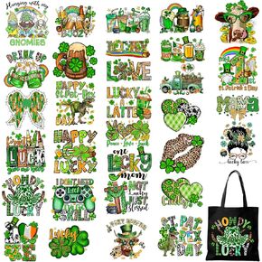 St.Patrick's Day Iron on Transfers 32 Sheets DTF Transfers Ready to Press Gold Iron on Decals for T-Shirts Clover Heat Transfer Vinyl Shamrock Iron on Decals for DIY Green Patches Decals
