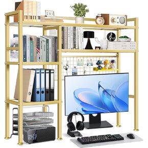 Desk Shelf，37.5" Desk Shelves and Desk Organizer Shelf，4 Tier Riser Storage Rack，Modern Desk Hutch for Home Office Dorm，Iron and Wood, Gold