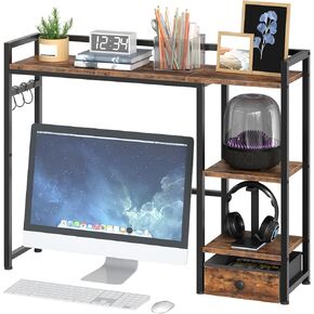 Desk Shelf, 38.8" Desktop Bookshelf with Drawer, Desk Hutch with 3-Tier Storage Shelves, Desktop Organizer Shelf with Hooks, Wooden Display Stand, for Study, Home Office, Rustic Brown TCJ30BF