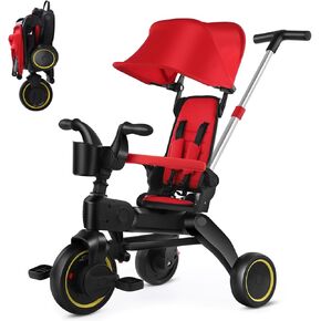 Baby Tricycle,5 in 1 Compact Folding Toddler Bike w/Removable Push Handle,Foldable Tricycle for 1-3 Year Old,Canopy,Safety Harness,Storage Hanging Bag,Tricycle for Toddlers Girls and Boys (Red)