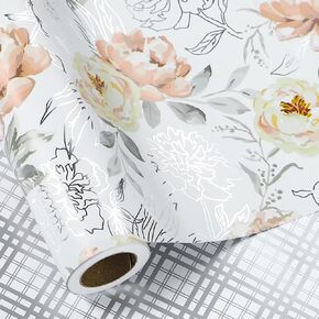 LeZakaa Reversible Silver Foil Wrapping Paper Roll - Silver Flower & Plaid Design for Wedding, Engagement, Bridal Shower, Anniversay, Mother's Day - 17 inches x 32.8 Feet