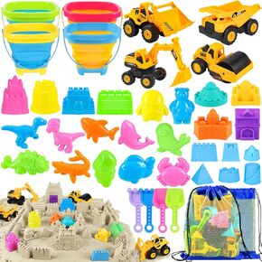 Beach Toys, 40Pcs Sand Toys for Toddlers 1-3 with Sand Construction Vehicles Set, Collapsible Sand Bucket, Sand Castle Building Kit, Sand Molds, Mesh Bag, Travel Beach Toys for Kids Ages 4-8