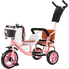 Kids Trike Bike Stroller- Double Tricycle Easy for Toddler with Removable Push Handle,Safety Harness,High Carbon Steeltrike Frame,Boys and Girls Ages Year Old,Pink