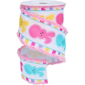 Whaline Easter Bunny Wired Edge Ribbon Spring Wired Ribbon Easter Rabbit Colorful Fabric Craft Ribbon with Pink Fluffy Edged for Gift Wrapping Wreath Bow DIY Crafts Party Decor, 10 Yards, 2.5 Inch