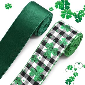 2 Rolls 2.5" x 10 Yards St. Patrick's Day Ribbon for Gift Wrapping, Glitter Shamrock Buffalo Plaid & Green Velvet Wired Ribbon for Irish Crafting, Garlands, Wreaths, DIY Ornaments, Holiday Party Decor