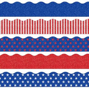 AnyDesign 69Ft 4th of July Bulletin Board Border 60 Sheet Patriotic Glitter Shine Red Blue Star Stripe 5 Designs Self-Adhesive American Flag Trim Border Decals for Independence Day Classroom Decor