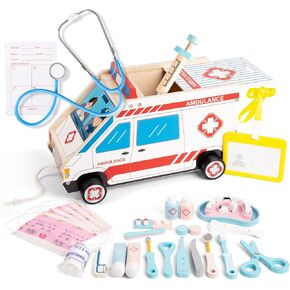 طقم دكتور للأطفال الصغار 3-5 ، 44 PCS Wooden Kids Doctor PlaySet مع سيارة تخزين ، سماعة طبية حقيقية وغيرها