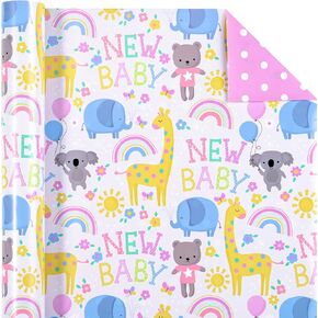 WRAPAHOLIC Reversible Baby Shower Wrapping Paper Roll - Mini Roll - 17 Inch x 10 Feet - Cute Animals & New Baby Lettering Design Perfect for Baby Shower, Birthday, Party