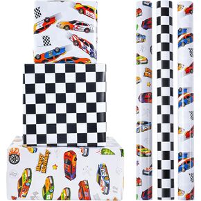 Zintbial Race Car Wrapp Wrapp Rolls - ورق التغليف عيد ميلاد للأطفال الأولاد AutoDrome مجموعة مثالية للحفلة ، والاحتفال ، والطفل الحاضر التعبئة - 3 لفات - 17 بوصة × 120 بوصة لكل لفة