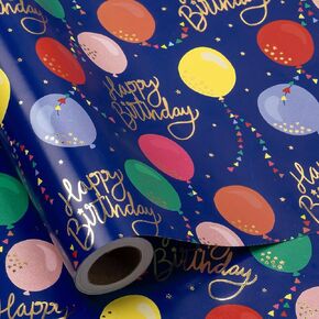 RUSPEPA Birthday Wrapping Paper Roll, Colorful Balloon with Gold Foil Happy Birthday Text Design for Boys Girls, Baby Shower, Party and More, Gift Wrapping Paper, Mini Roll, 17 Inches x 16.4 Feet