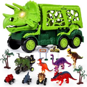 13 in 1 Dinosaur Truck Toys for Kids, Kids Toys Boys Age 3-5, Triceratops Transport Car Carrier Truck Play Set with 12 Dinosaur Figures, Vehicles, Trees, Toddler Birthday Gifts for Boys Girls