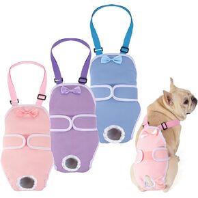 Avont 3 Pack Frenchie Dog Diapers Female, Washable Reusable Girl Doggie Pants for Period Heat Cycle, Full Body Cover Onesie with Adjustable Straps -Pink/Purple/Blue M