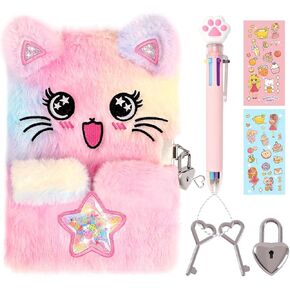 Cat Diary for Girls with Lock and Keys,Tie-Dye Fuzzy Journal for Kids,Hardcover Fluffy Locking Notebook for Writing and Drawing,4-12 Year Old Girl Birthday (A Star-Cat)