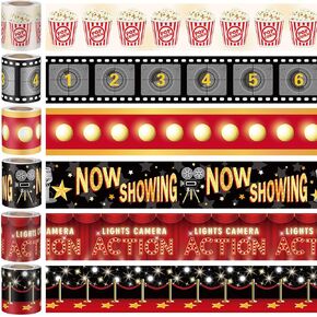 6 Pcs 32.8ft Movie Night Bulletin Board Borders Movie Night Reel Decorations Popcorn Red Marquee Straight Filmstrip Party Tape Borders for Room Office Chalkboard Decoration, 6 Style