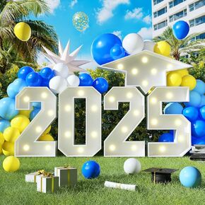 2025 Light Up Numbers Marquee 3FT for Graduation Decorations with Graduation Cap, White Big Mosaic Number with Lights 2025 Cardboard Pre-Cut Frame for Class of 2025 High School College Grad Party