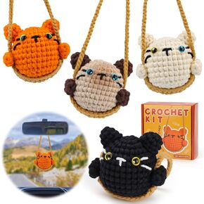 Kogyxe Crochet Kit for Beginners, Crochet Animal Kit for Decoration Car Hanging Ornament, Cat Knitting Kit with Yarn Crochet Hook, Crochet Starter Kit with Step-by-Step Video Tutorials