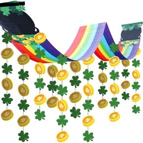 Frienda St. Patrick's Day Rainbow Ceiling Decor Pot of Gold St Patricks Day Decorations, Shamrock Clover Garlands Banner Rainbow Decorations for Irish Party Supplies