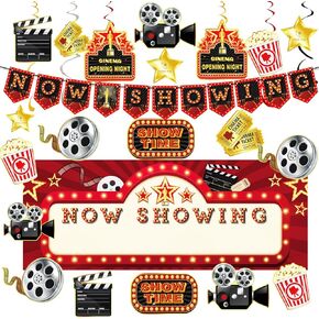 Movie Night Party Decorations - 60 Pcs Kit Now Showing Banner Hanging Foil Swirls Film Backdrop Movie Theater Themed for Birthday Party Family Party Boys Girls