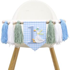 One Silly Goose High Chair Banner for Boys - Goose Theme 1st Birthday Decorations, Blue Gingham Style 1st Birthday Yarn Tassel Banner for Boys, One Silly Goose First Birthday Decor