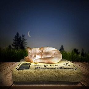 Solar Light Cat Memorial Garden Stones with A Sleeping Cat Statue - Auto Glow at Night Cat Grave Markers Headstones Tombstones for Cat Loss, Sympathy Cat Memorial Loss Gifts, 8"x6.5"x3"