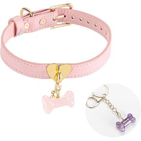 Dog Collar Pink Faux Leather, Amathist and Rose Quartz cristals,Crystals and Healing Stones for Calm & Harmony, Small Dog Collar with Detachable Crystal Bone Pendants