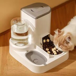 Cat Feeder and Water Dispenser, 2 in 1 Automatic Pet Waterer Detachable Stainless Steel Food Bowls Set Pet Food Storage for Small Dog Puppy Cat Kitten Pet Easy Clean (Grey)