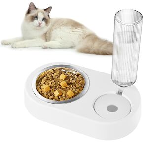 Automatic Dog Cat Food and Water Dispenser Set, Pet Food Bowl Set with Automatic Waterer Bottle for Small or Medium Size Dogs Cats Large Water Capacity(23oz) White