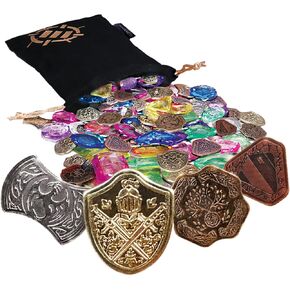 ENHANCE Tabletop Treasure Token Set - 40 Metal MTG Tokens (x10 Each Design) with Acrylic Assorted Gems (40+) and Drawstring Pouch, Counters for RPG Games - MTG Counters, DND Coins for Tabletop Games