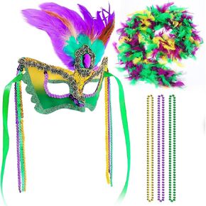 Mardi Gras Mask Carnival Masquerade Mask, 72 Inch Mardi Gras Feather Boa, 33 Inch 7 mm Metallic Purple Yellow Green Bead Necklace, Mardi Gras Decoration Costume Party Supplies for Women Men Carnival