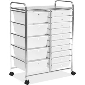 15-Drawer Storage Cart, Mobile Rolling Utility Cart w/Wheels, Multipurpose Organizer Cart for Tools, Scrapbook, Paper, Ideal for Home Office School (Clear)