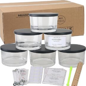 MILIVIXAY 6 Pack 24 oz Candle Jars with Metal Lids and Candle Making Kits - 3 Wick Candle Jars,Bulk Empty Clear Thick Glass Candle Jars for Making Large Candles - Spice, Powder Containers.