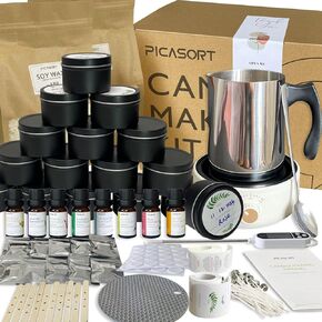 طقم صنع الشمعة الأسود في Picasort - مجموعة كاملة من الشمعة/اللوازم ، شموع صنع معطرة مع لوحة ساخنة ، شمع الصويا ، صفيحة ساخنة ، بوتقة شمعية وأكثر من ذلك ، الحرف اليدوية للبالغين/المبتدئين