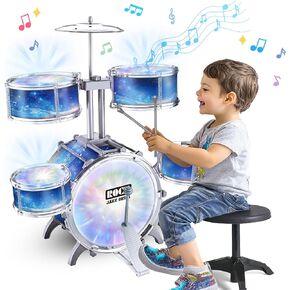 Kids Drum Set for Toddlers, Upgraded Kids Jazz Drum Set with 5 High Drums & Lights, Vibrating-Controlled, 5 Drum with Stool Mini Band Rock Set, Drum Kit Toy for Beginner Aged 1-3 3-5