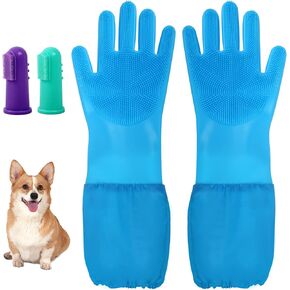 Dog Washing Gloves- Silicone Bathing Gloves for Dogs and Cats - Gloves with Extended Length Enhanced Five Finger Design for Gentle Massaging, Shedding & Cleaning - Comfortable for Pets(Blue)
