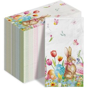 100 Easter Napkins Easter Disposable Paper Decorative Guest Napkins Bunny Flower Easter Eggs Disposable Decorative Hand Paper Napkin Towel for Bathroom Party Supplies Table Decor