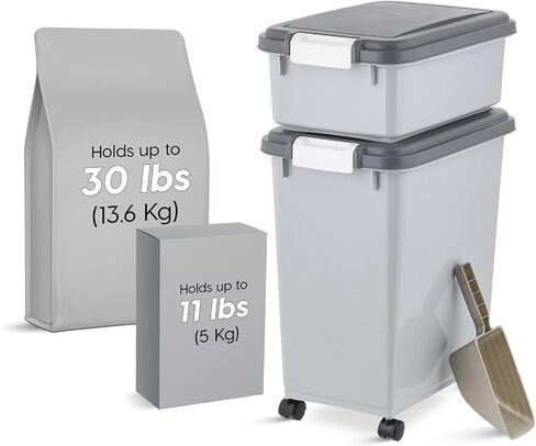 IRIS USA Dog Food Storage Container, 30 lbs & 11 lbs Combo, Cat Food Storage Container, Dog Treat Container, Airtight, Stackable, 2-Cup Scoop, Wheels, Easy Mobility, Black in Saudi Arabia