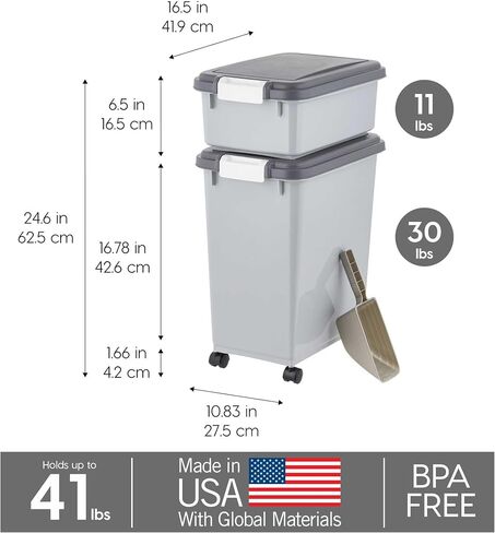 IRIS USA Dog Food Storage Container, 30 lbs & 11 lbs Combo, Cat Food Storage Container, Dog Treat Container, Airtight, Stackable, 2-Cup Scoop, Wheels, Easy Mobility, Black in Saudi Arabia